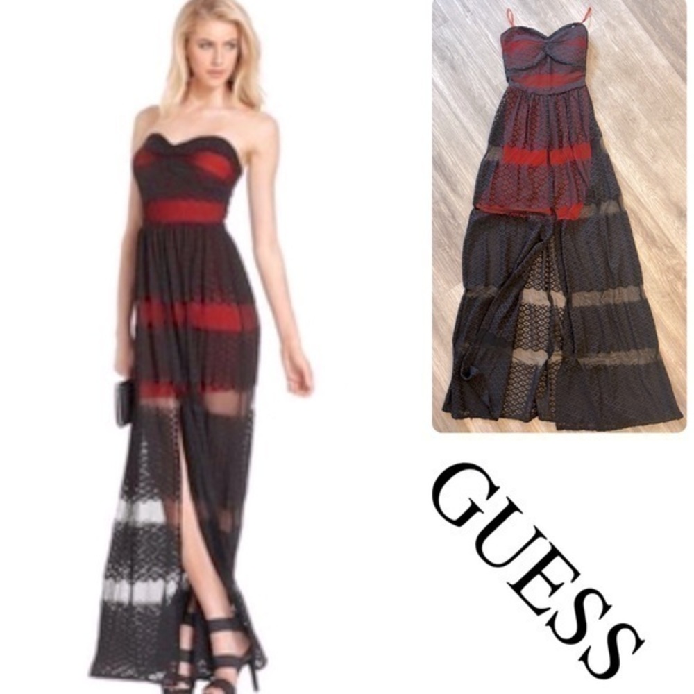GUESS gorgeouse red dress with black lace overlay and slit. Padded Bustier.